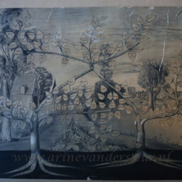 BIJTEL, VAN DER; VAN DER KAMP, BOS Stamboom van de families Van der Bijtel, Van der Kamp en Bos, in de vorm van twee bomen in een landschap met namen in de blaadjes aan de takken. Tekening met zwart krijt. 19de-eeuws, 40x50 cm.