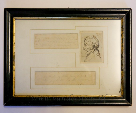  - BOND CABBELE Portrait drawing of `Benjamin Bond Cabbele, F.R.S. and M.P. and a right good friend to the afflicted of humanity'. `By Mulready, taken from a book, belonging to Mr. Pye, the engraver.' Both texts, together with the drawing in one frame, 200 mm high x 280 mm width.