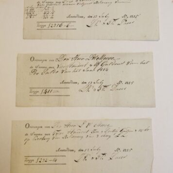 MEESE, DREES Drie kwitanties voor D.W. Meese, voor geleverde waren door D.H. en F.K. Drees. Amsterdam 1815.