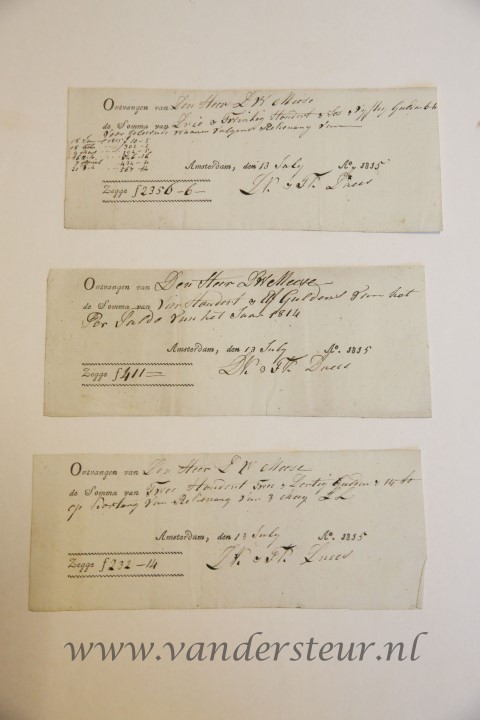  - MEESE, DREES Drie kwitanties voor D.W. Meese, voor geleverde waren door D.H. en F.K. Drees. Amsterdam 1815.