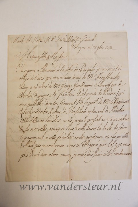 MEINERTZHAGEN, DU CASTEL Brief van Gerard Meinertzhagen, Cologne 1738, aan mej. M.C. du Castel en de heer Reinick te Maastricht. 4(, 3 p.