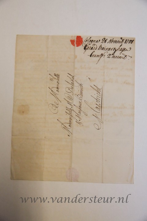 MEINERTZHAGEN, DU CASTEL Brief van Gerard Meinertzhagen, Cologne 1738, aan mej. M.C. du Castel en de heer Reinick te Maastricht. 4(, 3 p.