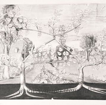 BIJTEL, VAN DER; VAN DER KAMP, BOS Stamboom van de families Van der Bijtel, Van der Kamp en Bos, in de vorm van twee bomen in een landschap met namen in de blaadjes aan de takken. Tekening met zwart krijt. 19de-eeuws, 40x50 cm.