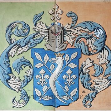 SIJTHOFF Ontwerptekening voor een wapen Sijthoff, wrs. bedoeld voor borduurwerk. Tekening met kleur door J.C.P.W.A. Steenkamp, 48x58 cm.