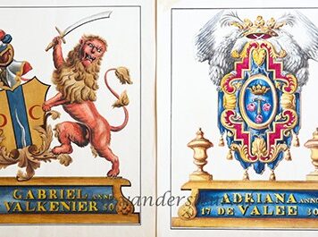 VALKENIER, DE VALEE Twee identieke bladen met de wapens van Gabriel Valkenier en Adriana de Valee, beide gedateerd 1730. Tekeningen met kleur en goud, 19de-eeuws, ieder blad 40x30 cm. Fraai.