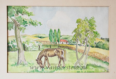  - RITT Aquarel, 29x43 cm., van paard in landschap, gesigneerd Jo Ritt 1990 (of 1930, of 1950).