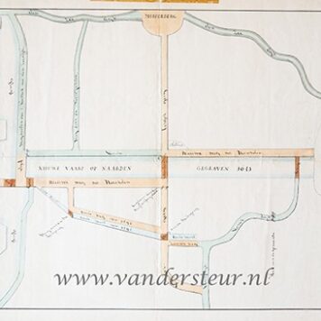 MUIDEN, NAARDEN Getekende kaart van de `nieuwe weg' tussen Muiden en Naarden, lopende langs de `nieuwe vaart op Naarden, gegraven 1641', pentekening ingekleurd met penseel, 32x39 cm.