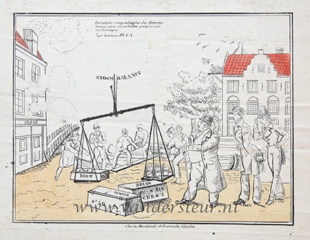  - AMSTERDAM, SUIKERFABRIKANTEN, DE BRUYN `Stoombalance'. Gelithografeerde afbeelding, 23x30 cm., betreffende de zaak van C. de Bruyn en twee zonen, de eerste stoomsuikerraffinadeurs te Amsterdam (op de Herengracht), veroordeeld in 1834 wegens het wegen van kisten ruwe suiker met een oude, uit 1745 daterende, vervalste balans. Zeldzame prent. Niet in Muller en Van Stolk (vgl. Muller 6923 voor een variant).