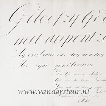 KALLIGRAFIE, ONDERWIJZERS IN NOORD-HOLLAND Bladen kalligrafie, ieder ca. 25x35 cm., beschreven en gesigneerd door een aantal onderwijzers in Noord-Holland boven het Y in de jaren 1827-1872.