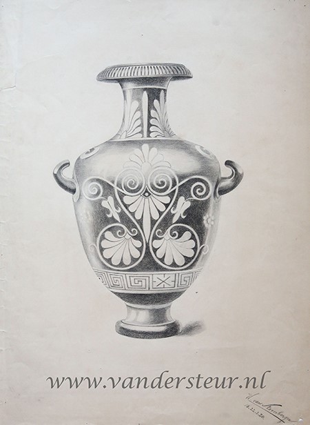  - STEENBERGEN, VAN Tekening door W. van Steenbergen, 1880, een Griekse vaas, academietekening van het Genootschap Mathesis Scientiarum Genitrix te Leiden, 65x45 cm.