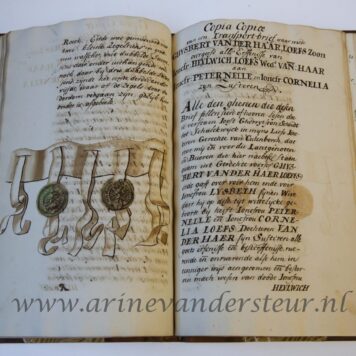 [Manuscript Maarssen] HAER, VAN DER ‘Genealogie Van der Haer’, tekst op de rug van een in half leer gebonden manuscript van 66 p., folio, met afschriften van acten betreffende de familie Van der Haer. Bijgebonden twee eigentijdse globale inhoudsopgaven en een acte van notaris Ludolph Adriaan de With te Utrecht, dd 29-3-1702, 2 p., met diens handtekening en opgeplakt zegel, waarin deze verklaart de oude stukken nauwkeurig te hebben gekopieerd.