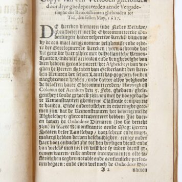 Pamphlet: Copye van een Vertooch door drye Gedeputeerden aen de vergaderinghe der Remonstranten ofte Arminianen ghesonden, gehouden tot Tiel den sesten May, 1617. Hier zijn tot gherief des eenvoudigen Lesers byghevoecht de vijff Artijckelen daer hen de Remonstranten ofte Arminianen altijdts op beroepen.