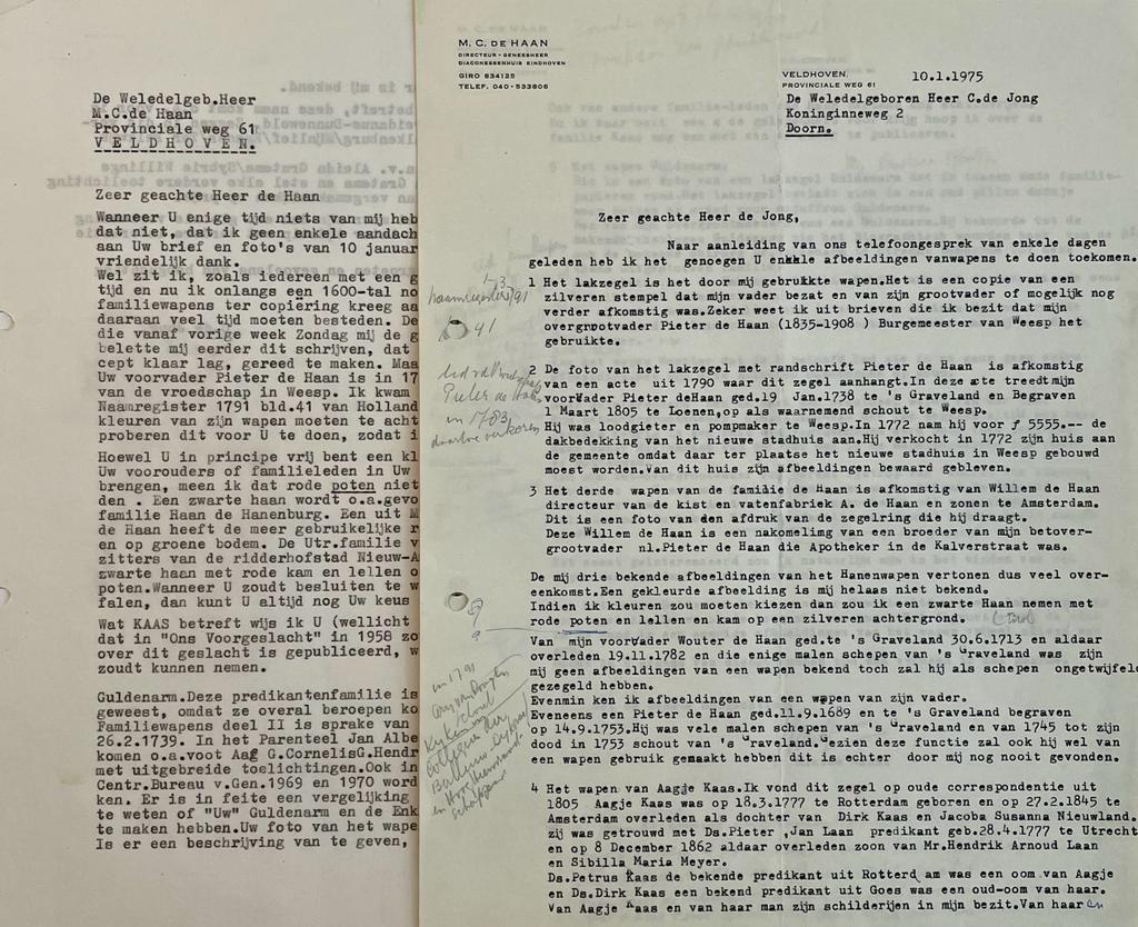  - [Typed letter 1975] Correspondentie tussen C. de Jong en M.C. de Haan 1975, over familiewapens De Haan, Kaas, Guldenarm. Manuscript, 3 pag.