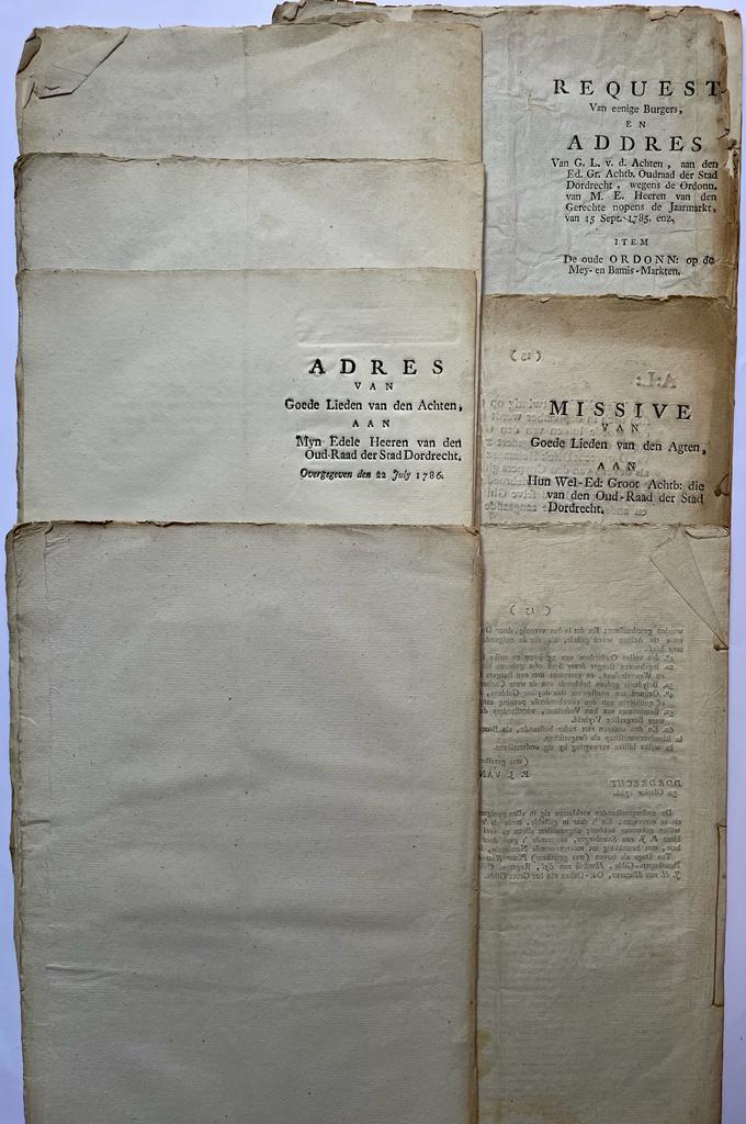  - 7 Printed publications Dordrecht 1786 | Zeven gedrukte stukken, folio, betr. bestuurlijke zaken in Dordrecht in de jaren 1785 en 1786, ca. 50 pp.