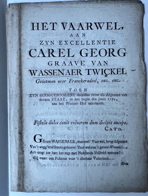 Het vaarwel aan zijn excellentie Carel Georg graave Van Wassenaer Twickel