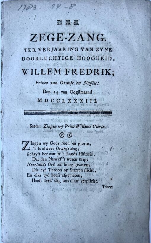 Willem Frederik prince van Oranje en Nassau den 24 van oogstmaand 1783.