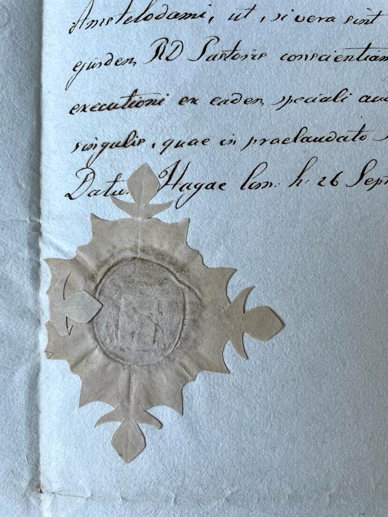  - Manuscript with seal 1838 | Kerkelijk (r.k.) stuk betr. huwelijk Ignatius Bohm en Maria Theresia Slaiter, Amsterdam 1838. Mansucript, 4, 2 pag.