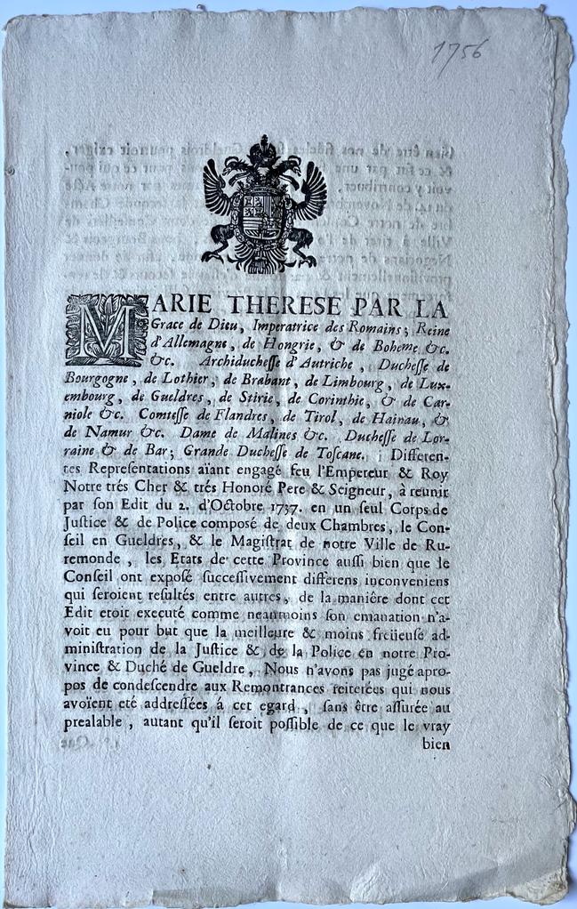  - Printed document legal | Ordonnantie van keizerin Maria Theresia betr. Edict uit 1737 van haar vader Karel VI, betr. Gelre en Roermond. D.d. Wenen 12-6-1756. Folio, 4 pp.