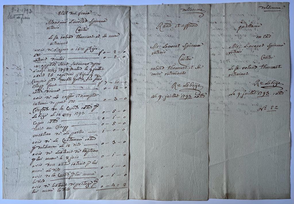  - Manuscript Belgium legal 1793 | Etat de fraix tussen advocaat Spineux en Roland Thounart (Thonnart?), Jupille 1793. Manuscript, 5 pp.