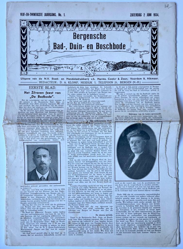  - Newspaper Bergen 1934 | Bergensche Bad- Duin- en Boschbode, 25e jaargang (1934) nr. 1: Het zilveren feest van De Badbode. 24 pag., geill. [betr. Bergen en Bergen aan Zee].