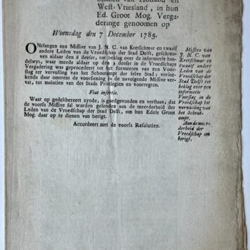 Kretschmar Printed publication Delft 1785 Missive