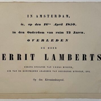 Overlijdensaankondiging voor Gerrit Lamberts Rijksmuseum opzichter.