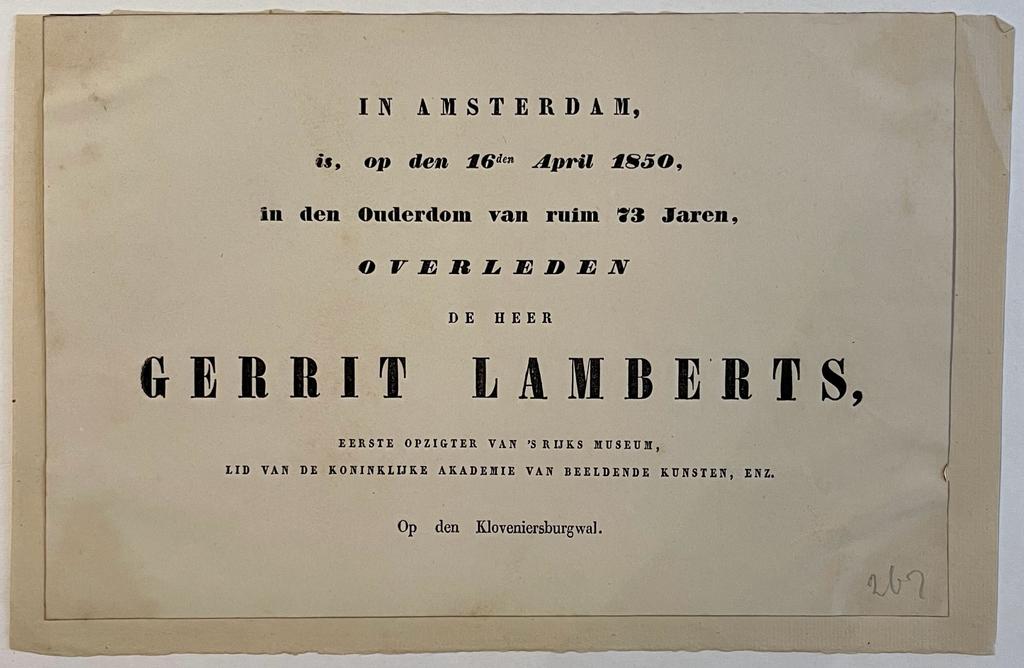  - Death announcement | Overlijdensaankondiging voor Gerrit Lamberts, 1e opzigter van 's Rijks Museum (opzichter Rijksmuseum), overleden Amsterdam 16-4-1850. 1 p.