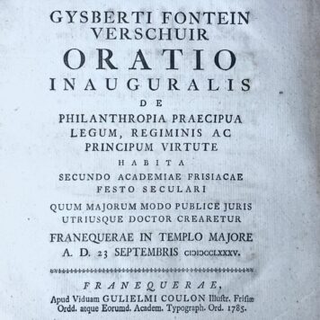 Oratio inauguralis de philanthropia praecipua legum Gysbert Fontein Verschuir 1785