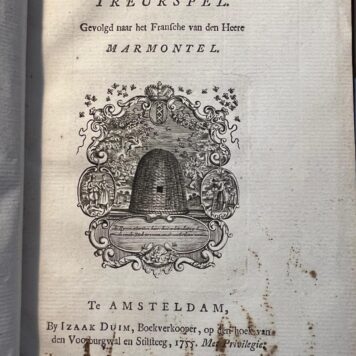 Marmontel, Jean-François / Roullaud, Henri Jean (vert.) Aristomenes. Treurspel. Vertaald uit het Frans. Amsterdam, Izaak Duim, 1755