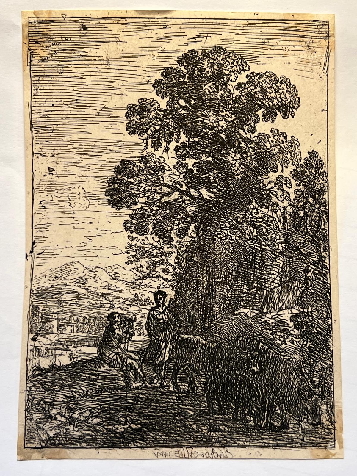 Claude Lorrain (1600-1682) - Antique print, etching | Shepherd and Shepherdess in a landscape/Schaapsherder en herderin in een landschap, published ca. 1630, 1 p.