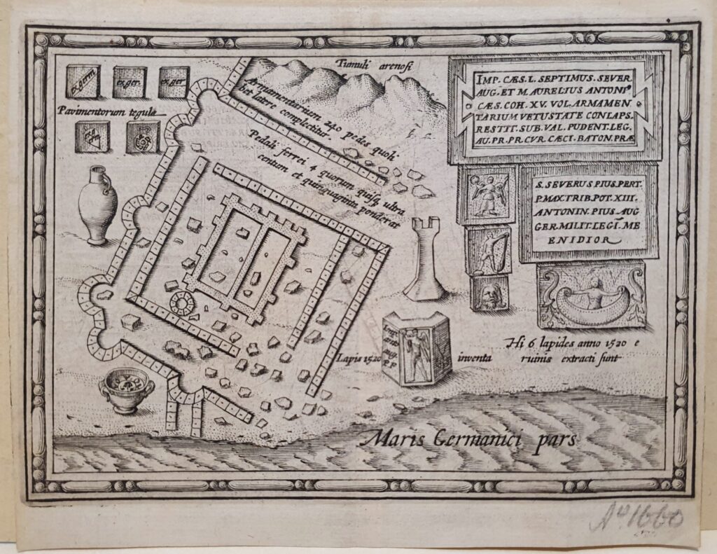 [Antique print, etching] Arx Brittanica/Gezicht op Brittenburg bij Katwijk, published ca. 1649.