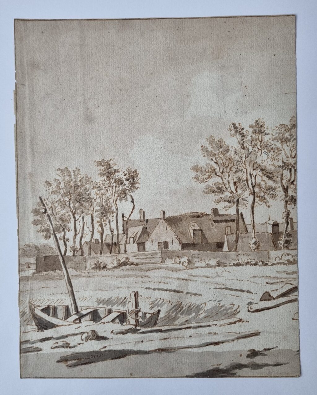 [Antique drawing, pen, ink, and wash] Dutch landscape with farm houses, 18th century.