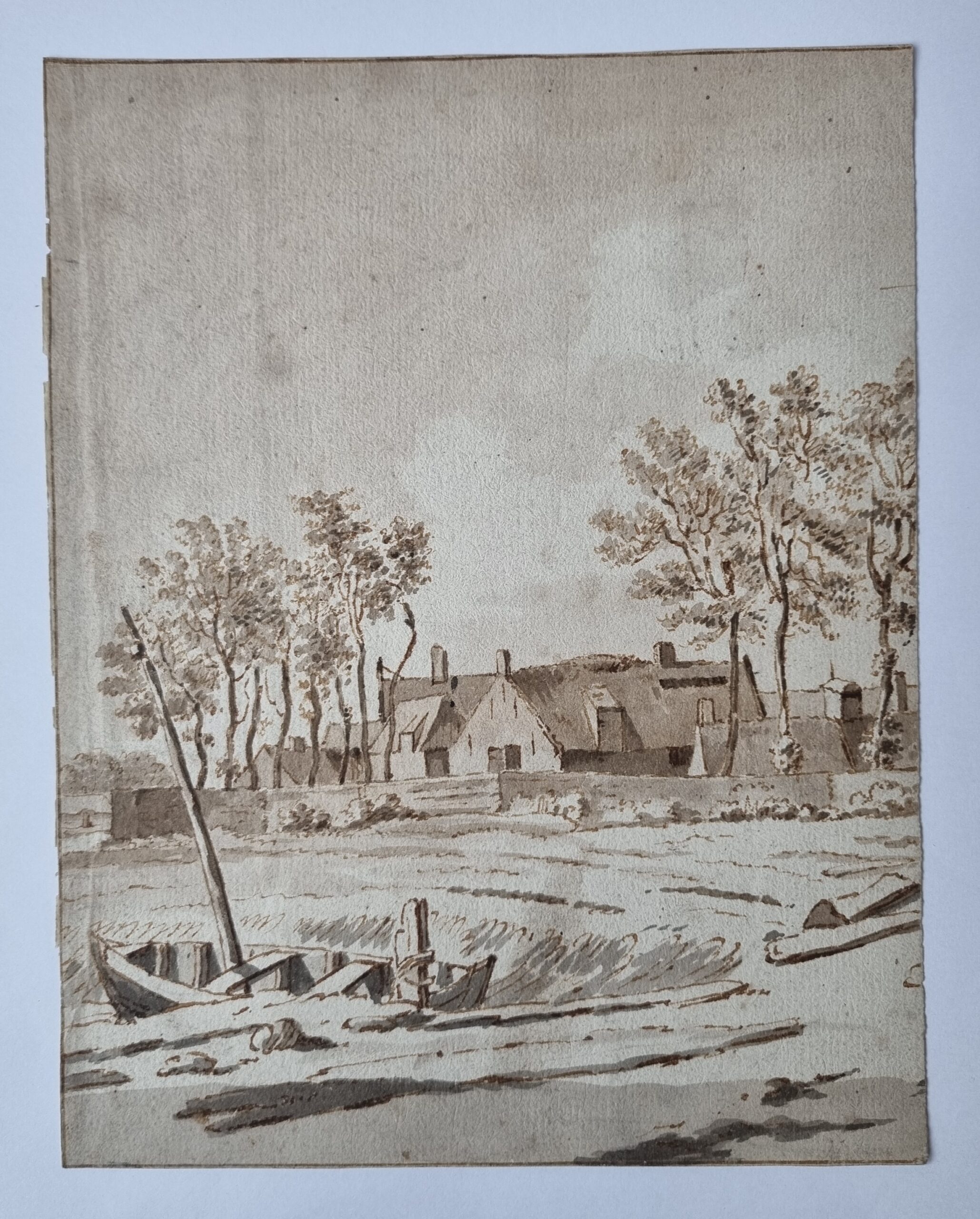 - [Antique drawing, pen, ink, and wash] Dutch landscape with farm houses, 18th century.