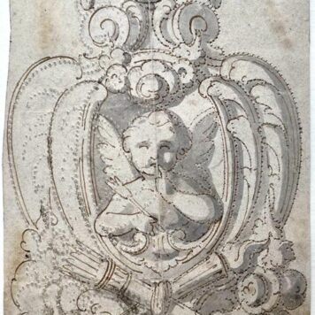 Antique drawing A cupid within a decorative frame