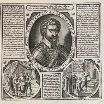 Historieprent: Portret en executie van Charles de Gontault, hertog van Biron 1602