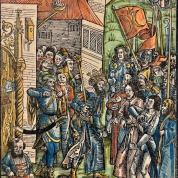 Christus voor Herodes. Middeleeuws blad uit 1506 met houtsnede van Urs Graf (c. 1485-1529). Zeldzaam. Middle Ages. 