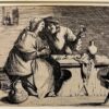 Antieke prent drinken echtpaar in de kroeg, Wijn, wijnkannen.