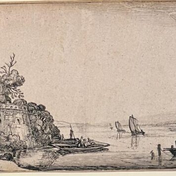 Rivierlandschap met een versterkt huis op een rots. Tweede prent uit een serie van achttien. Antieke prent, ets, van Jan van de Velde II