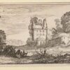 Gezicht op een ruïne van een huis bij een muur. Op de voorgrond een zittende fluit spelende herder. Zestiende prent uit een serie van achttien. Antieke prent, ets, van Jan van de Velde II.