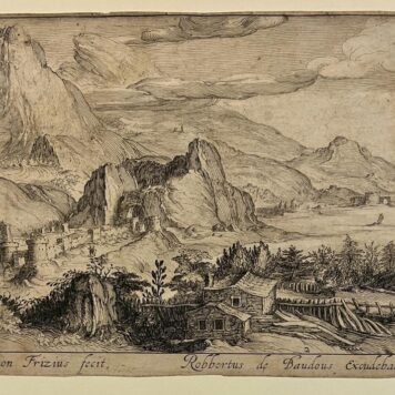 Berglandschap met een huis op de voorgrond. Antieke prent, ets, van Simon Wijnants Frisius naar Hendrick Goltzius.