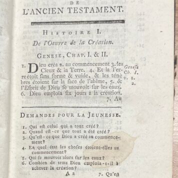 Rare School Book, [ca. 1795], French | Histoires de la Bible: Publiées en Faveur de la Jeunesse par Jean Hubner (...) Première partie. Qui contient Cinquante-Deux Histoires du Vieux Testament. Nouvelle Edition, plus correcte que les précédentes. A Leide, Chez Luzac et Comp., 1795, 271+(1)+210+(10) pp.