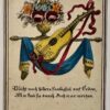 antique print etching handcolored A guitar with a motto