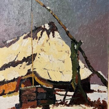 Schilderij van boerderij in winterlandschap door J.P. Akkerman,