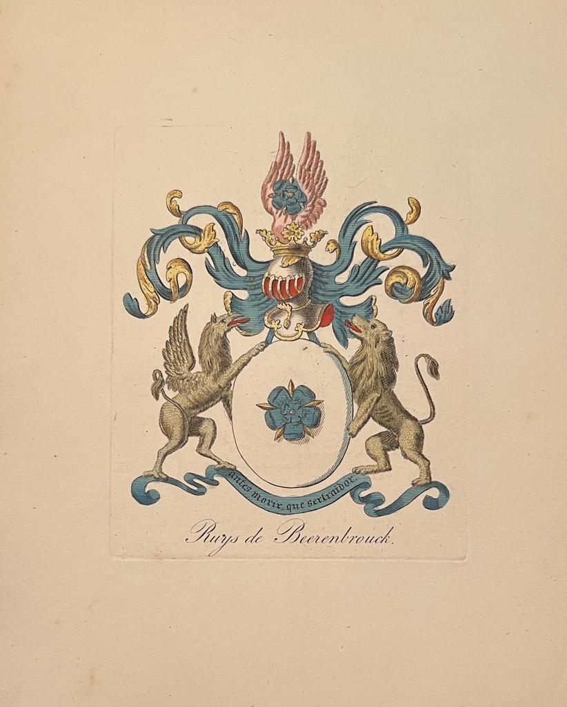 [Ruys de Beerenbrouck family crest]. - Wapenkaart/Coat of Arms: Coloured coat of arms Ruys de Beerenbrouck with text, 1 p.