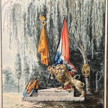 Tekening van monument met hollandse leeuw: Johannis Adrianus sterft voor den Köning