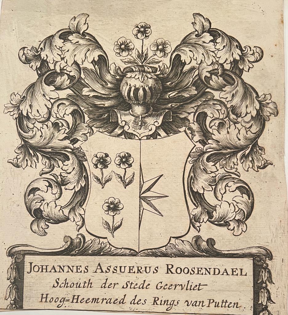 [Johannes Assuerus Roosendael family crest]. - Wapenkaart/Coat of Arms: engraved coat of arms Johannes Assuerus Roosendael, 1 p.