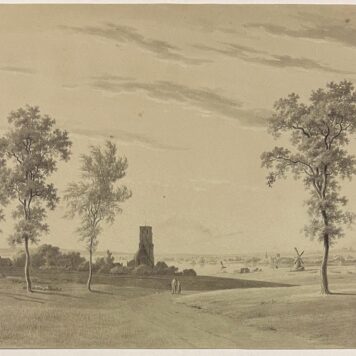 Washed drawing of figures in a landscape with a mill and a tower