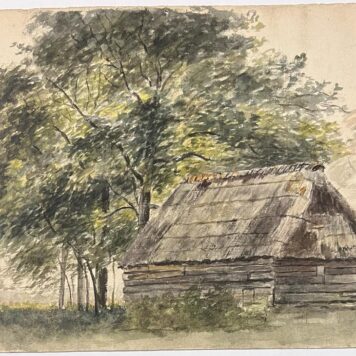 Watercolour drawing of house in a wooded landscape.
