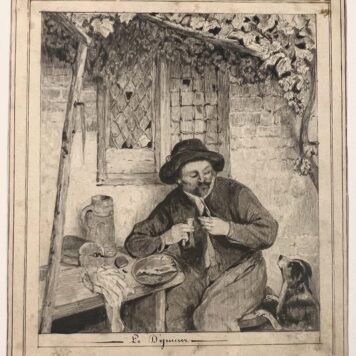 Pencil drawing of farmer at lunch with his dog. In the style of Van Ostade