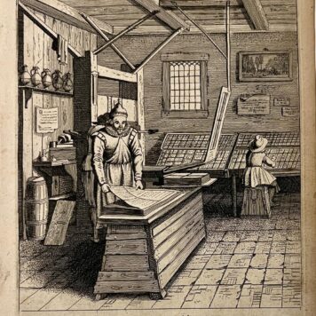 Antique print etching The book printer's workshop Van de Velde